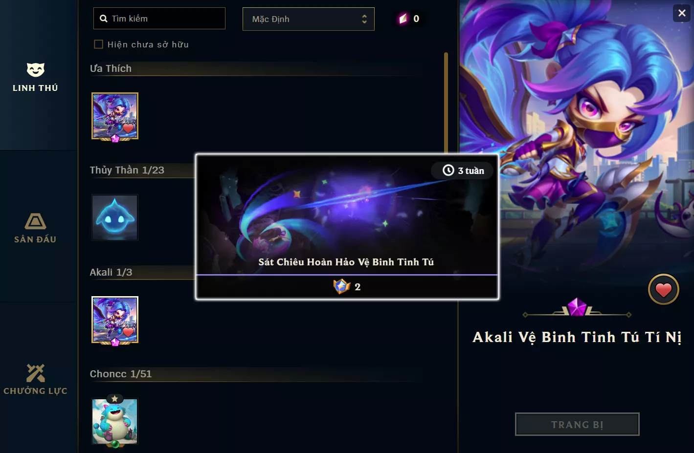 ACC TFT: Akali Vệ Binh Tinh Tú Tí Nị + Chưởng, lv1 unrank, trắng thông tin